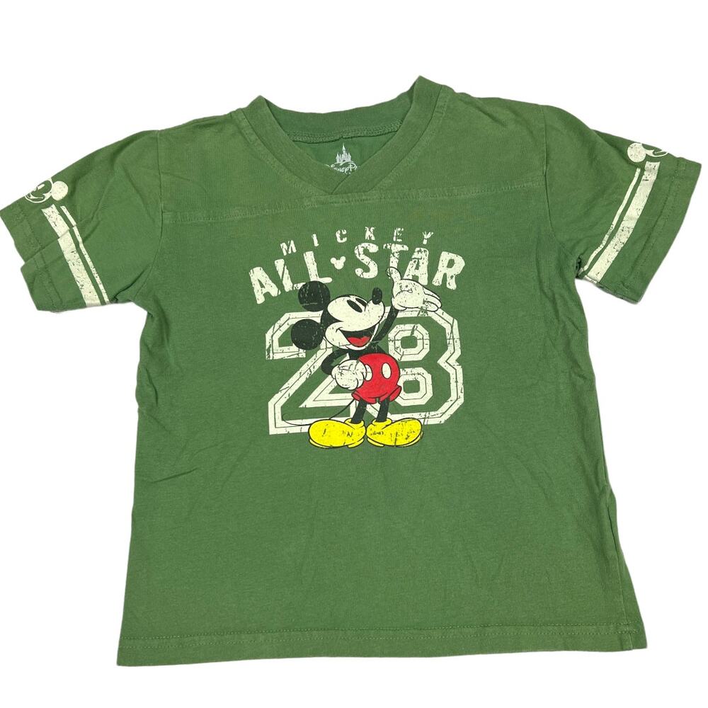Disney Parks T-Shirt Green Mickey Mouse Short Sleeve Toddler 4T Varsity Cotton‎